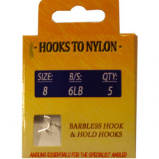 A PACK OF 5 BARBLESS HOOKS TO NYLON WITH PASTE COIL 6LB BREAKING STRAIN (SIZE 8)